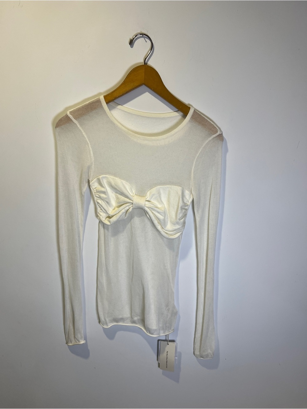 NWT Commense Cream Sheer Long Sleeve Top with Bow Front size S